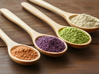 Colorful traditional holi powder in a spoon. Holi color powder. 