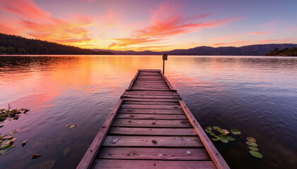Naklejka premium Rustic wooden pier at sunset over tranquil lake, peaceful reflection