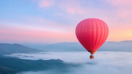 Obraz premium A hot air balloon floating above misty mountains at sunrise, breathtaking and serene