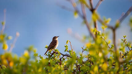 Song thrush in a Mediterranean forest with the last light of day