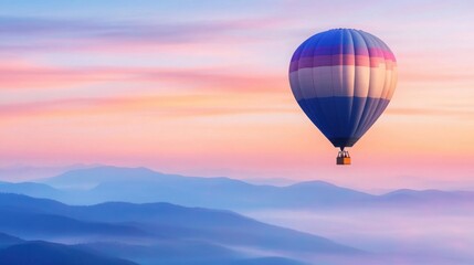 Obraz premium A hot air balloon floating above misty mountains at sunrise, breathtaking and serene