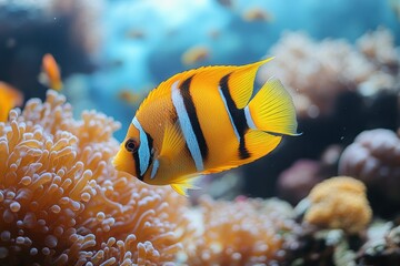 Colorful clownfish swimming gracefully among vibrant coral reefs in a tropical ocean habitat