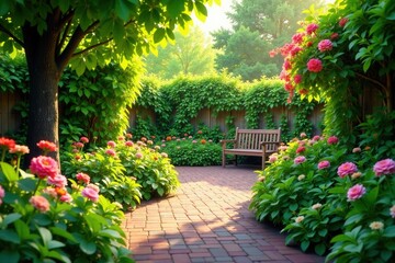 Obraz premium Serene Garden Retreat Sun-Drenched Brick Path, Lush Greenery, Blooming Flowers, Wooden Bench