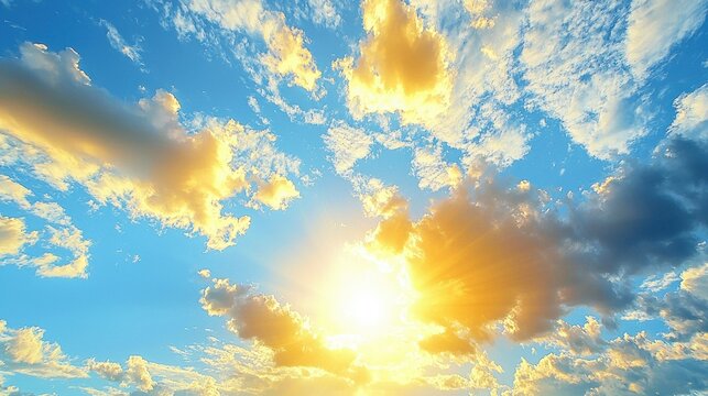 Dramatic sunset sky with fluffy clouds