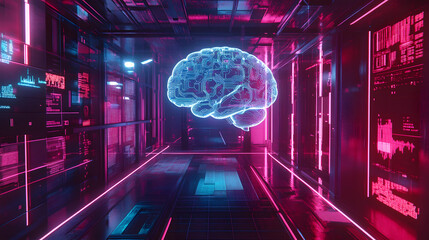 A floating digital brain in a neon-lit room, surrounded by holographic projections representing data and machine learning models.