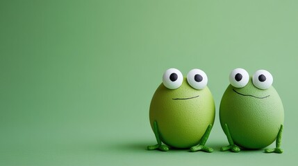 Obraz premium Two cartoon green frogs with big eyes on green background. Easter, Pascha, Paskha, Ostern, Pascua, Paques - Orthodox and Catholic Holiday celebration
