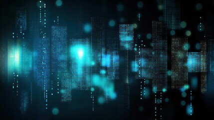 Abstract Digital Cityscape With Blue And Teal Pixelated Structures Under Dynamic Lighting