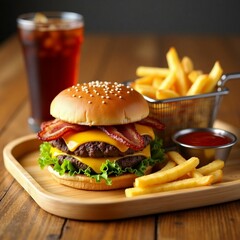 hamburger on black background
burger and fries