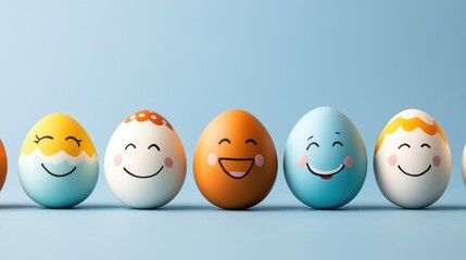Colorful easter eggs with smiling faces on blue background. Easter, Pascha, Paskha, Ostern, Pascua, Paques - Orthodox and Catholic Holiday celebration