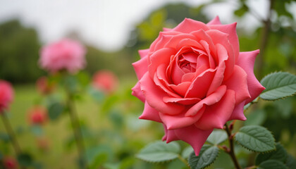 Vibrant pink rose blooming in garden, symbol of beauty