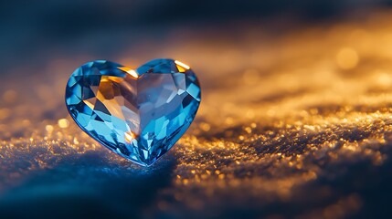 Fototapeta premium Sparkling blue heart-shaped crystal on snowy ground, illuminated by warm light.