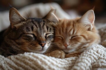 Two adorable cats snuggling together on a cozy blanket in a warm indoor setting during a quiet afternoon