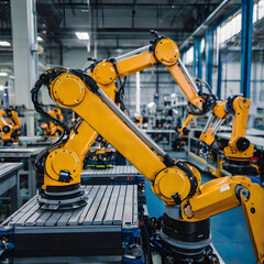 Robotics Revolution: A close-up shot showcases industrial robotic arms in a modern factory, highlighting automation, technology, and manufacturing innovation. 