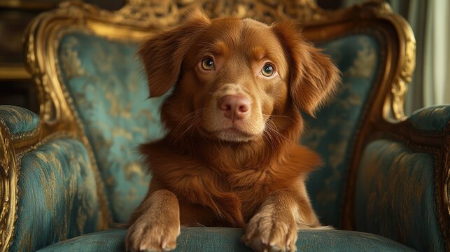 Adorable brown dog relaxing on ornate antique chair with intricate embroidery - Powered by Adobe