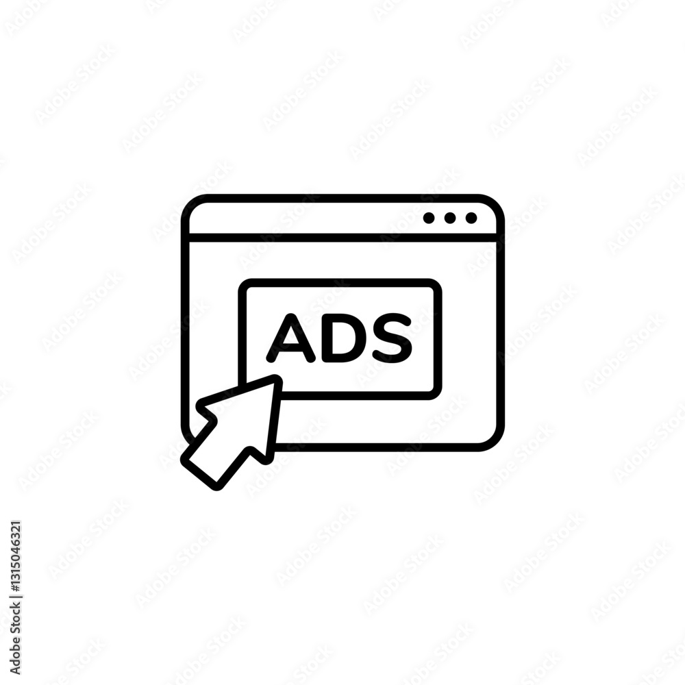 Poster black and white line icon of a web page with ads text and a cursor clicking on it to signify online 