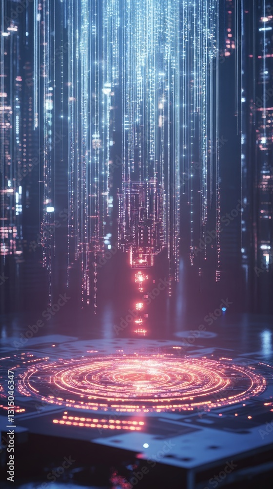 Poster a captivating futuristic scene featuring a glowing circular pattern surrounded by a cascading data s