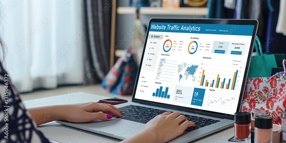 Poster computer software for website traffic analytics data on computer screen. concept of seo search engin