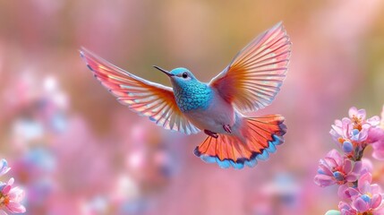 Dove Soaring Over Gentle Pastel Hues of Spring With Soft Floral Accents