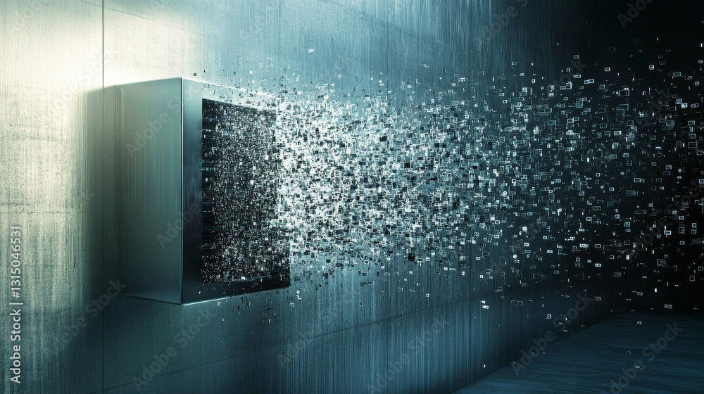 Poster this image captures an abstract representation of digital fragmentation within a modern technology e
