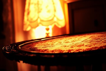 Obraz premium Warm Glow of Vintage Table with Lamp Illuminating Textiles