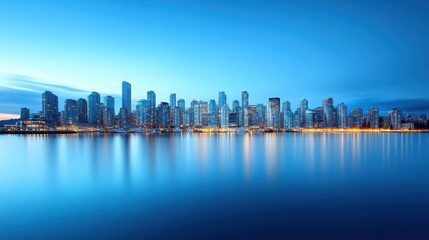 Obraz premium A time-lapse of the city skyline at dusk, lights turning on, urban transformation