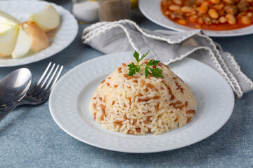 Traditional delicious Turkish food; Turkish style rice pilaf (Turkish name; Arpa sehriyeli pirinc pilavi)