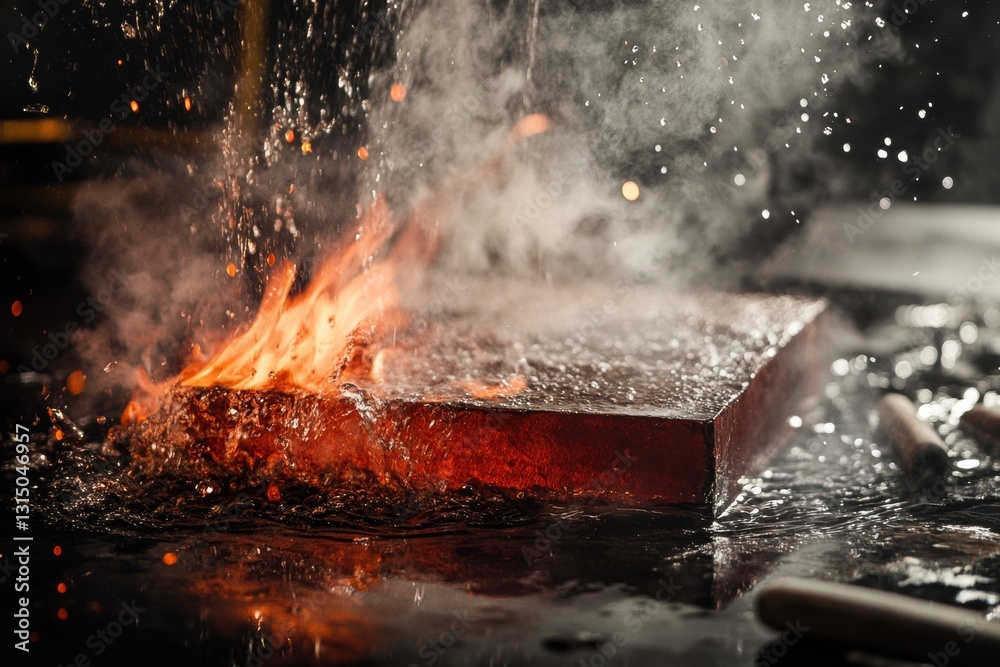 Poster red hot metal billets quenched in water creating clouds of steam in a busy workshop environment