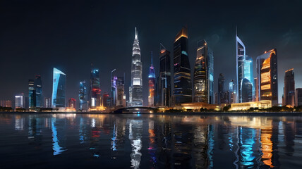 Fototapeta premium Cityscape at Night: A stunning panorama of a modern city skyline at night, with illuminated skyscrapers reflected in the calm waters, creating a breathtaking scene of urban sophistication.