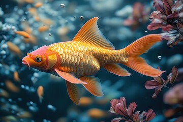 Obraz premium Goldfish swims gracefully through a vibrant underwater environment filled with plants and bubbles