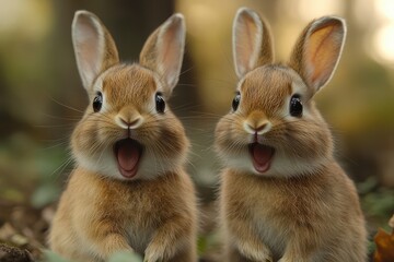 Fototapeta premium Two playful rabbits sharing a joyful moment in a lush forest during the afternoon light