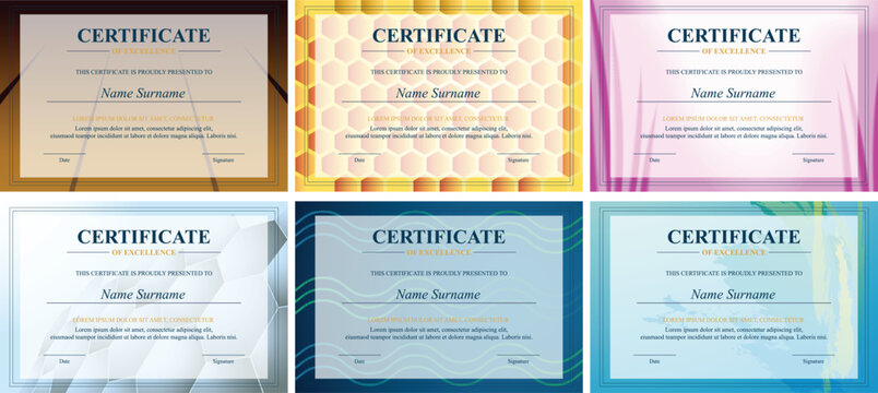Six colorful certificate designs; award, achievement, background patterns