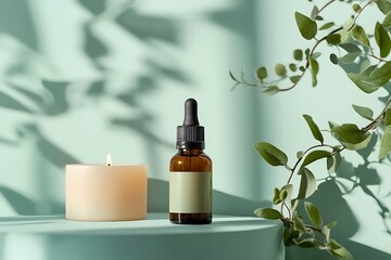 Serene Wellness Display: Candle, Serum, and Greenery