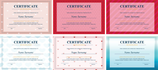 Six colorful certificate templates; hearts background; printable; award