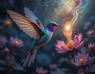 Fototapeta premium Magical Hummingbird and Lotus Flower Digital Art