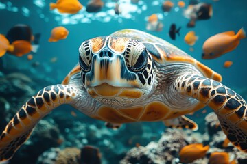 Colorful marine life surrounds a curious sea turtle swimming through a vibrant coral reef underwater in an ocean setting