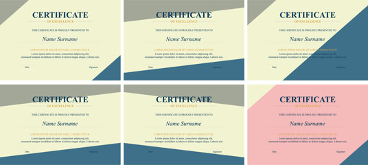 Naklejka premium Six elegant certificate designs; pastel background; award template