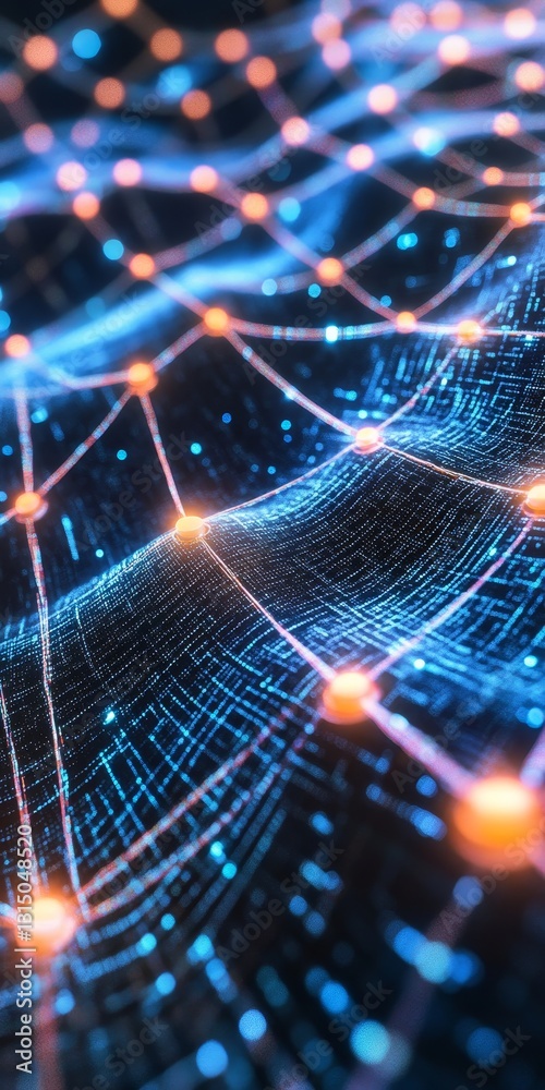 Poster an abstract visualization of a digital network flow showcasing glowing nodes and wave structures. th
