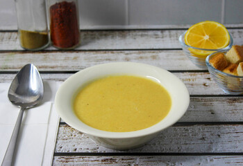 Traditional delicious Turkish foods; Red lentil soup (Turkish name; Mercimek corbasi)