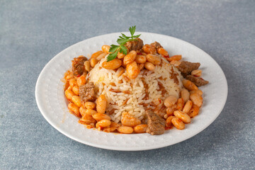 Traditional Turkish cuisine. Kuru Fasulye . Haricot Beans, rice and beans (Turkish name; pilav ustu kuru fasulye)