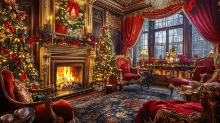 Opulent Christmas Interior, Cozy Fireplace and Lavish Decorations