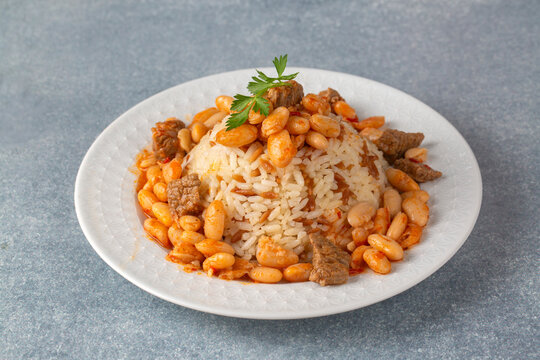 Traditional Turkish cuisine. Kuru Fasulye . Haricot Beans, rice and beans (Turkish name; pilav ustu kuru fasulye)