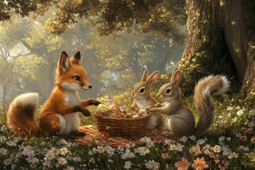 A fox and two bunnies share a delightful picnic amidst a sun-dappled forest clearing, enjoying a basket of wildflowers.