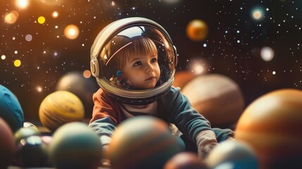 Young caucasian child in astronaut helmet among colorful planets and stars