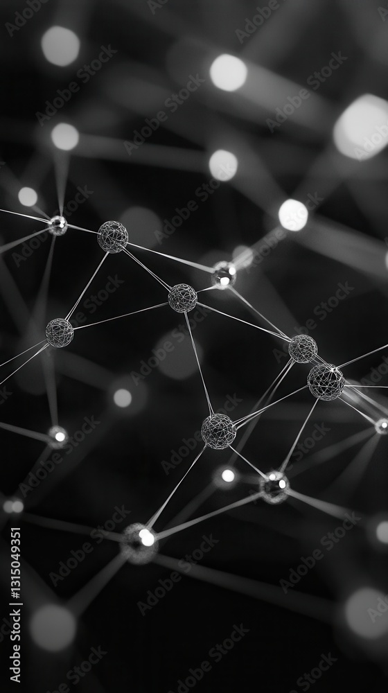 Poster abstract network of interconnected spheres and lines in monochrome tones forming a complex structure