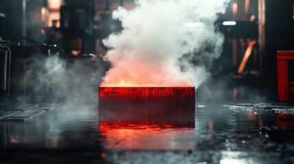 Red hot metal billets submerged in water create clouds of steam in an industrial workshop