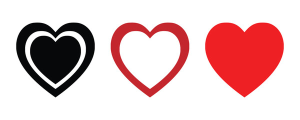 Three Variations of a Heart Icon in Black, Red Outline, and Solid Red