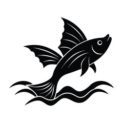 Flying Fish Outline Silhouette With Fins Spread On White Background