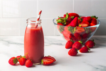 Strawberry smoothie or milkshake drink.