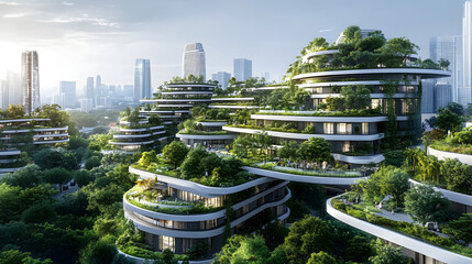 Obraz premium A future-proof city with sustainable infrastructure, electric vehicles, renewable energy solutions, and green roofs to minimize CO2 emissions and ensure a cleaner environment.