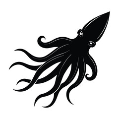 Flying Squid Silhouette Jetting Through Water With Tentacles On White Background